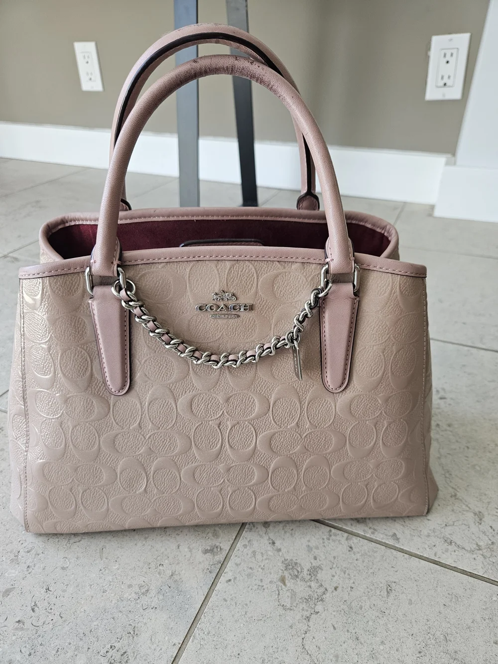 COACH Signature Debossed Patent LEATHER Margot Carryall​ - Blush Pink/Dark Nude